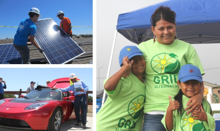 Community members installing solar panels, posing with electric car, and wearing GRID Alternative green shirts at outdoor event