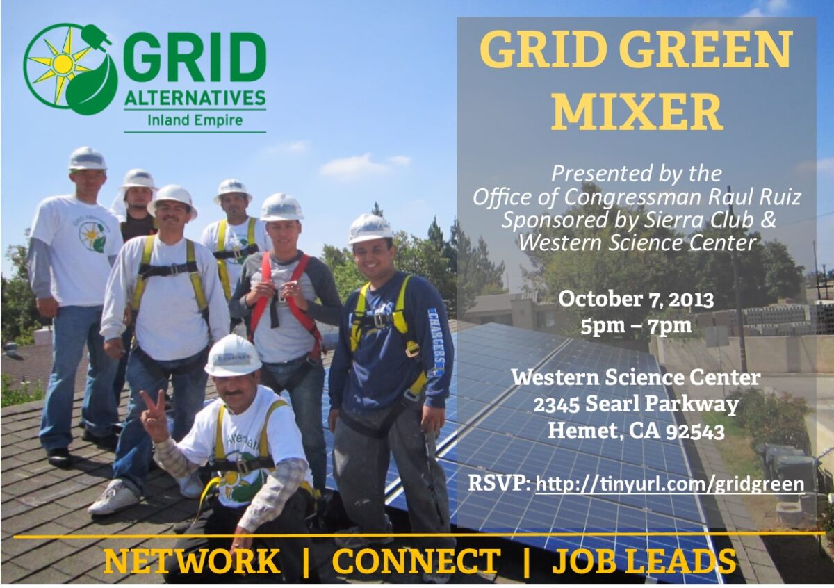 Grid Alternatives Inland Empire green mixer event flyer for October 7, 2013 at Western Science Center in Hemet, CA
