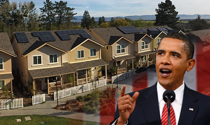 Man in suit and red tie gesturing toward suburban neighborhood with yellow houses