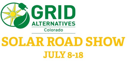 Grid Alternatives Colorado Solar Road Show, July 8-18 event banner with sun and leaf logo