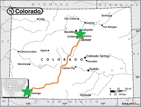 Map of Colorado showing an orange route from Durango to Denver with green markers indicating Solar Roadshow stops