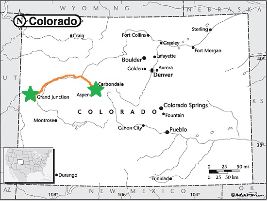 Map of Colorado highlighting Carbondale and surrounding cities with a green star marking Grand Junction and an orange route line