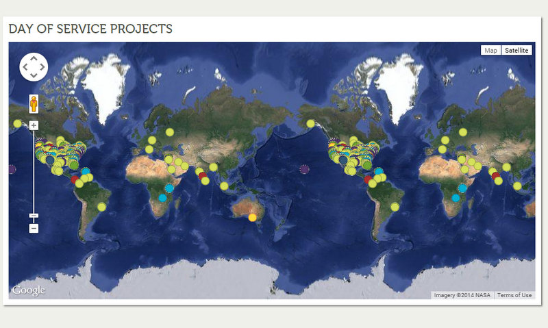 World map showing Day of Service Projects locations marked with yellow and blue dots across continents