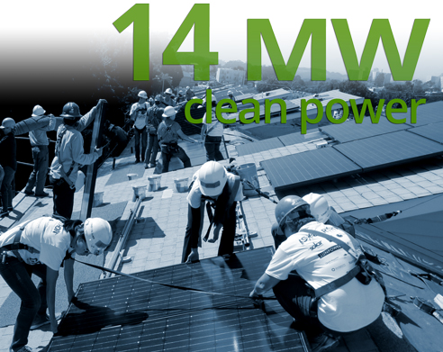 Workers installing solar panels on rooftop with "14 MW clean power" text overlay