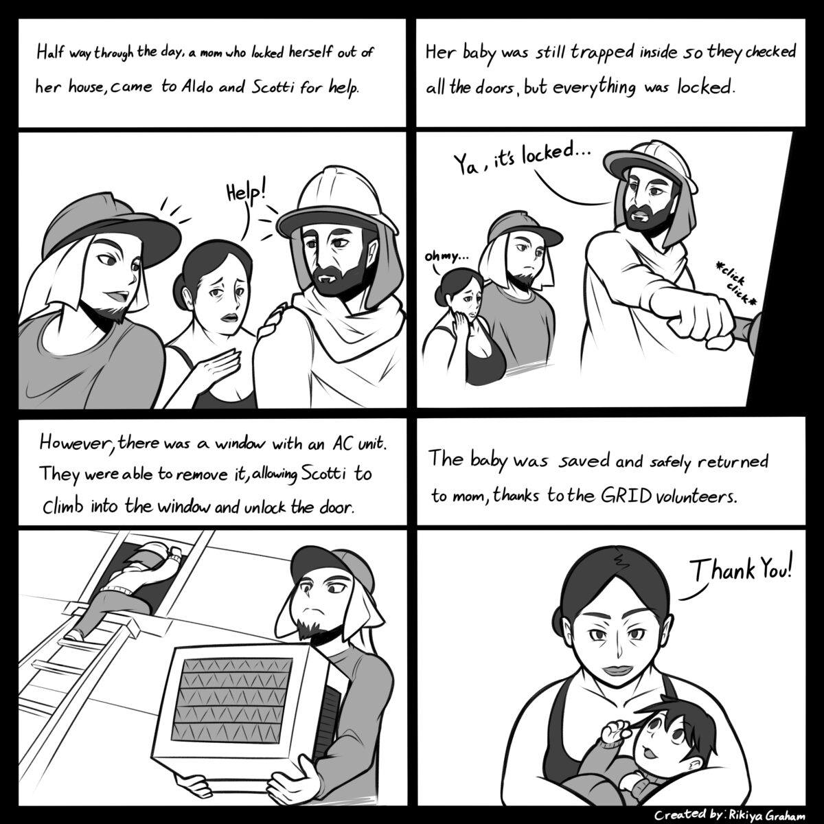 Comic strip showing GRID volunteers rescuing a baby trapped inside a locked house by removing an AC unit from a window