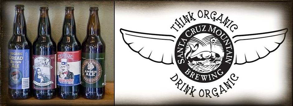 Four organic beer bottles from Santa Cruz Mountain Brewing next to their winged logo with "Think Organic, Drink Organic" text