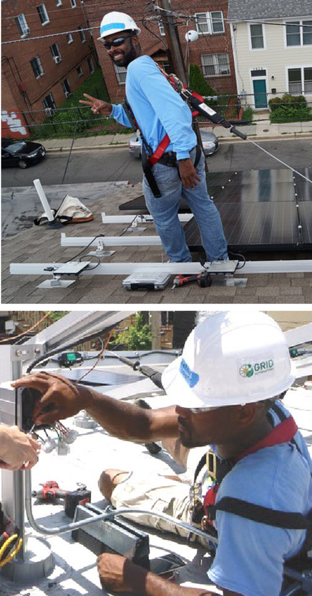 Worker installing solar panel on rooftop with tools and safety equipment