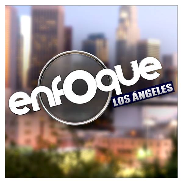 Enfoque Los Angeles logo with circular design over blurred Los Angeles skyline