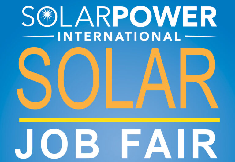 Solar Power International job fair promotional poster with blue background and yellow text