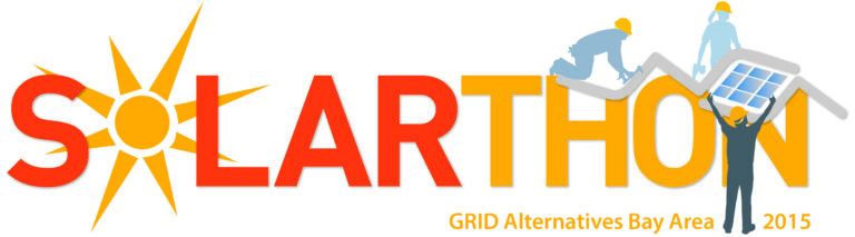 Solarthon 2015 logo with sun, text, and illustrations of people installing solar panels on a roof
