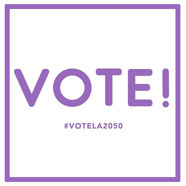 Purple framed poster with "VOTE!" in large text and hashtag #VOTELA2050 below