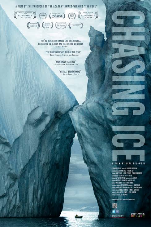 Movie poster for "Chasing Ice" featuring a small boat between two massive ice cliffs