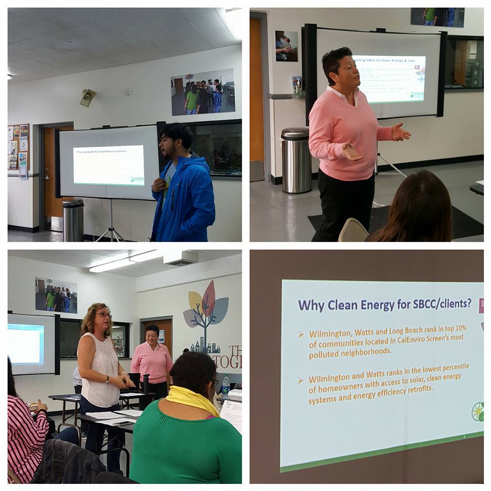 Four photos showing presenters discussing clean energy initiatives and SBCC partnership at a community event