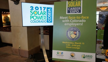 Two event banners for the 2017 Solar Power Colorado and Solar Career Expo scheduled for March 15, 1-4 p.m
