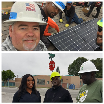 Workers installing solar panels in Compton with Mayor Brown's approval, IBEW Local Union 11 event