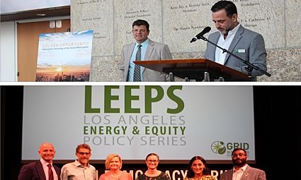 LEEPS Energy and Equity Policy Series panel event with speakers at podium and panelists seated at table