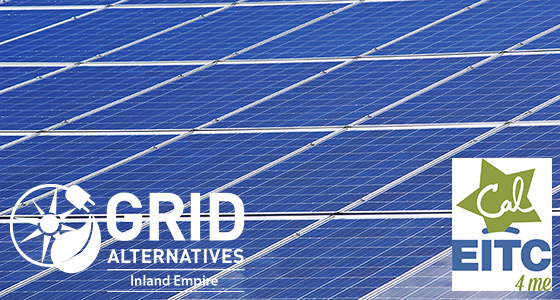 Solar panels with GRID Alternatives Inland Empire and Cal EITC logos overlaid