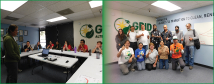 Two photos showing solar industry career training sessions with instructors and diverse participants in classroom settings