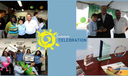 Collage of summer celebration event photos featuring groups of people, a sun logo, and an award on display table
