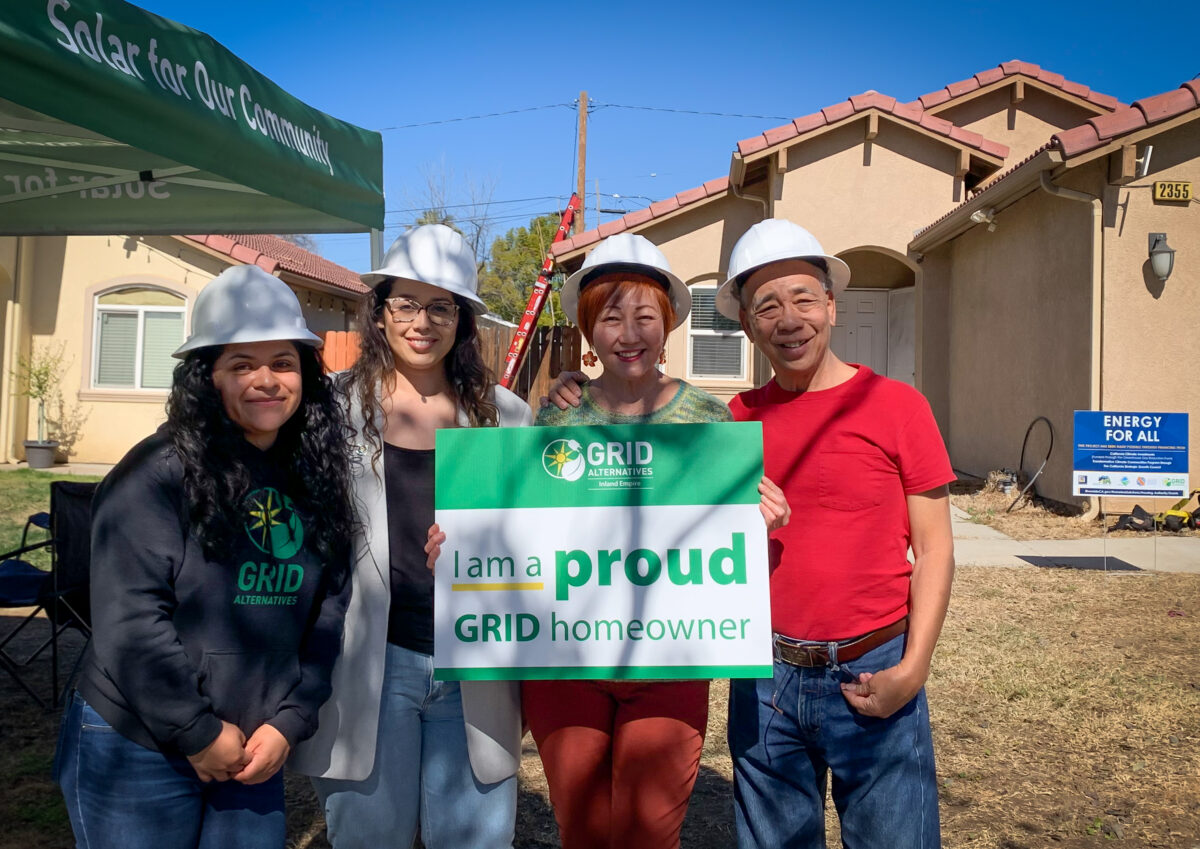 GRID IE's Alejandra Guillen-Garcia (Outreach Coordinator), Yoselyn Sanchez (Outreach Manager), with Patrica and Steven Chung (Homeowners) on the day of their solar installation.