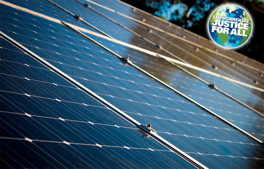 Solar panels with Environmental Justice for All logo in corner