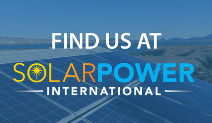 Find us at SolarPower International logo with solar panels background