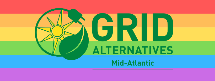 Grid Alternatives Mid-Atlantic logo with rainbow background and solar wheel icon