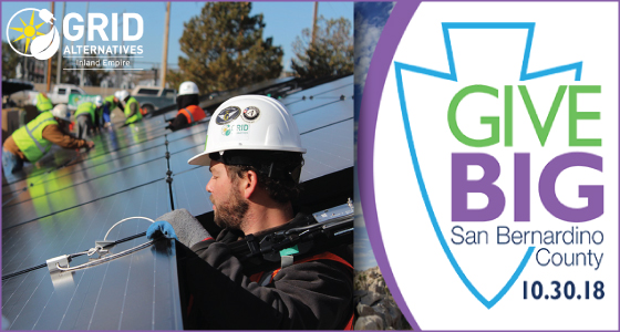 Grid Alternatives worker installing solar panels; Give Big San Bernardino County 10.30.18 logo