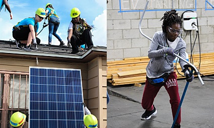 Workers installing solar panels on residential rooftops with safety equipment