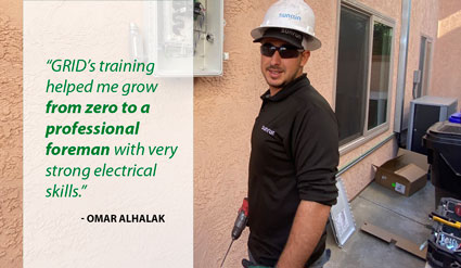 Omar Alhalak in hard hat and work uniform with testimonial quote about GRID training