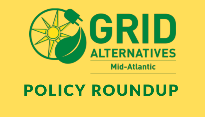 GRID Alternatives Mid-Atlantic logo with sun and leaf icon above "Policy Roundup" text on yellow background