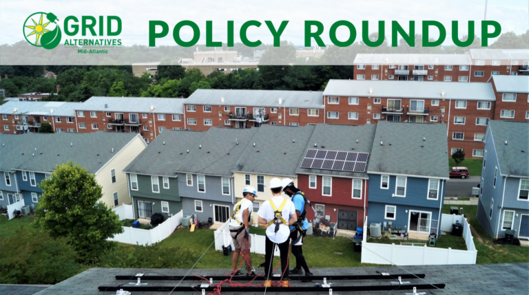 Grid Alternatives Mid-Atlantic policy roundup banner showing workers installing solar panels on residential roofs