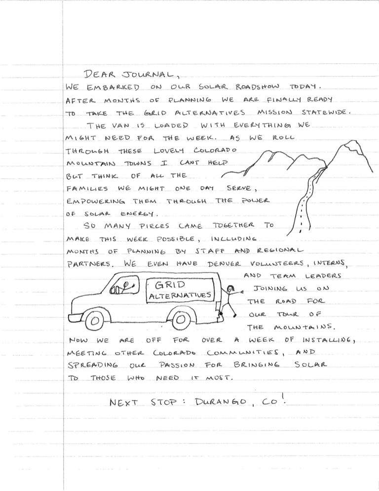 Handwritten journal entry describing Grid Alternatives' solar roadshow launch in Colorado, with sketches of mountains and a van