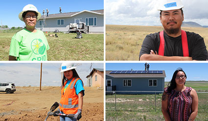Four Native American energy professionals at renewable energy and construction sites