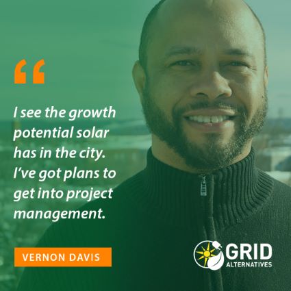 Vernon Davis testimonial quote about solar growth potential and project management plans with Grid Alternatives logo