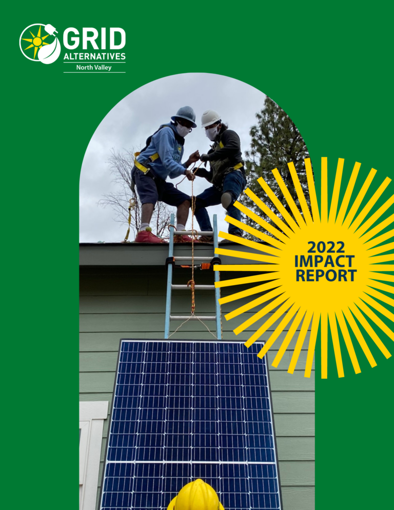 GRID NV staff lifting a solar panel. Green background, GRID NV logo in top right corner. Yellow sun like graphic with text that says 2022 Impact Report
