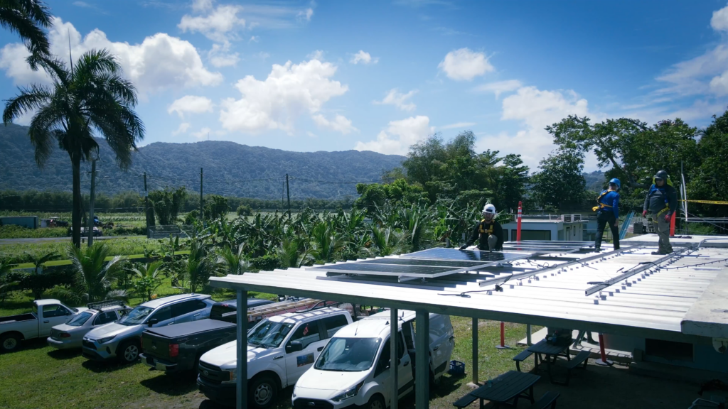 A ground-mounted solar carport shades parked trucks beside palm trees at an installation site.