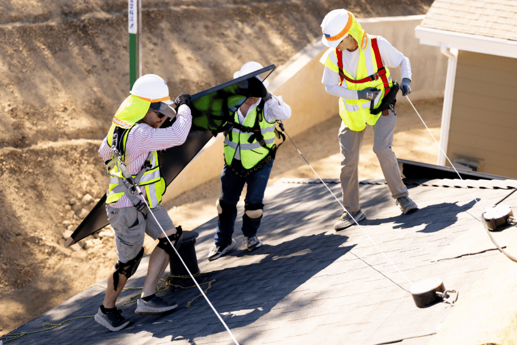 Three installers in hard hats carry a solar panel across a residential rooftop.