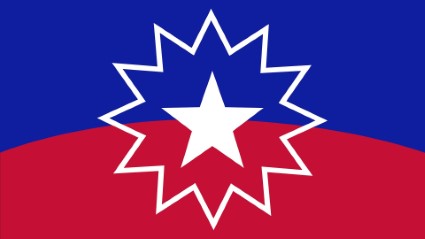 Blue and red flag with white star burst design and central white star