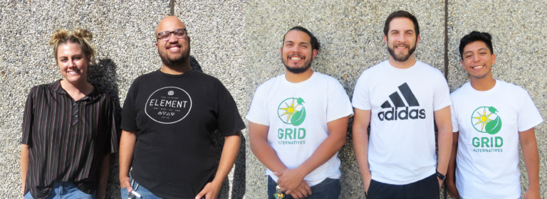 Five people standing against a textured wall, some wearing GRID Alternatives and Element branded shirts