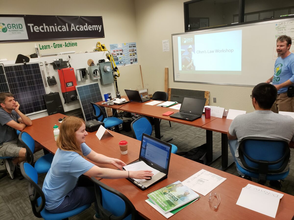 GRID Technical Academy classroom with students learning about Ohm's Law Workshop, displayed on projection screen