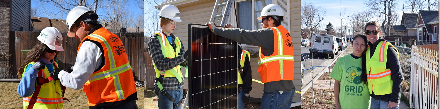 (from left) 1.) GRID staff helps a student put a harness on. 2.) Two people stand holding a solar panel, one of them is looking down at the back of the panel. 3.) Yvonne and Pamela.