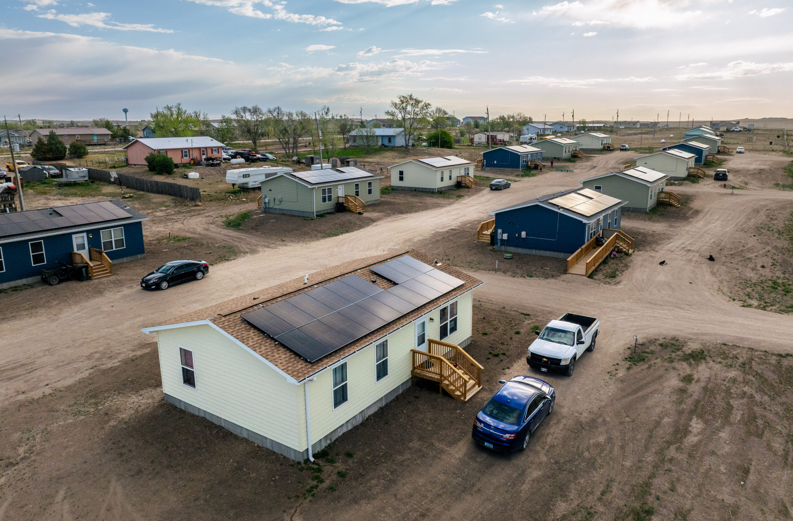 Aerial footage of residential homes with solar