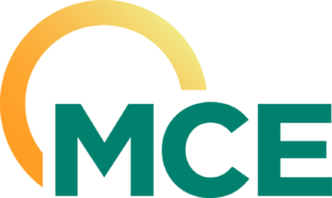 MCE logo with orange curved design and teal text