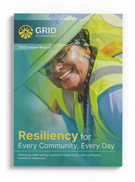 The cover of GRID Alternatives' impact report, headed "Resiliency for Every Community, Every Day", showing a smiling volunteer in a hard hat and safety vest.